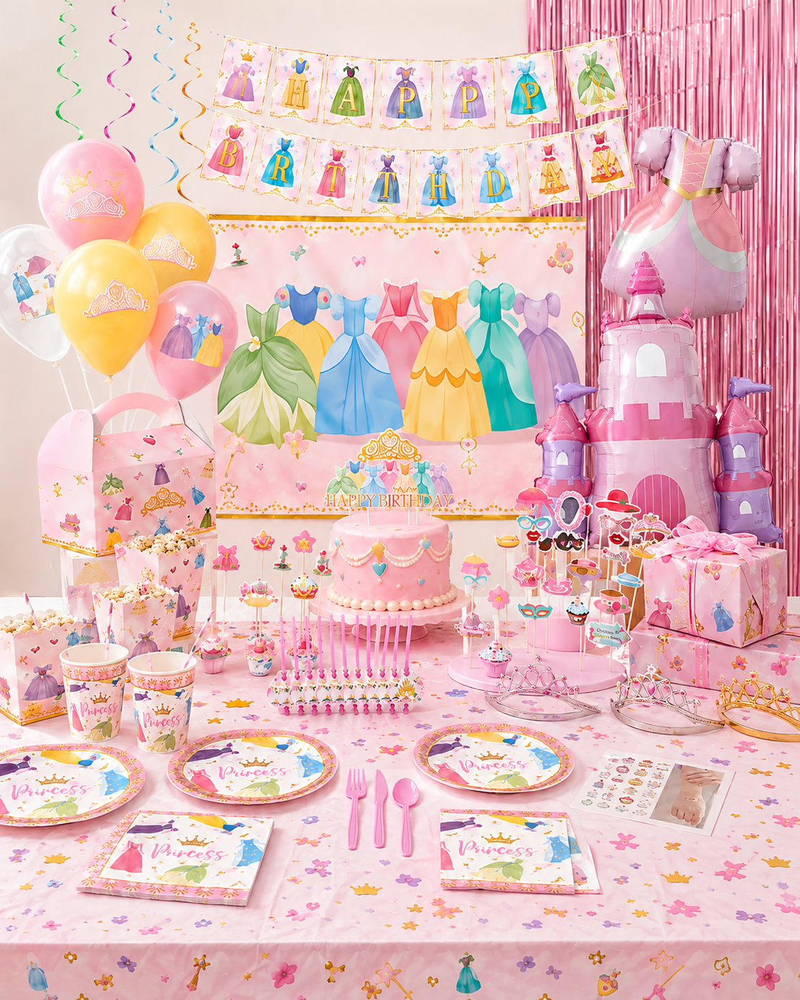 Prinsessenfeest versiering met roze ballonnen, gedekte feesttafel en backdrop