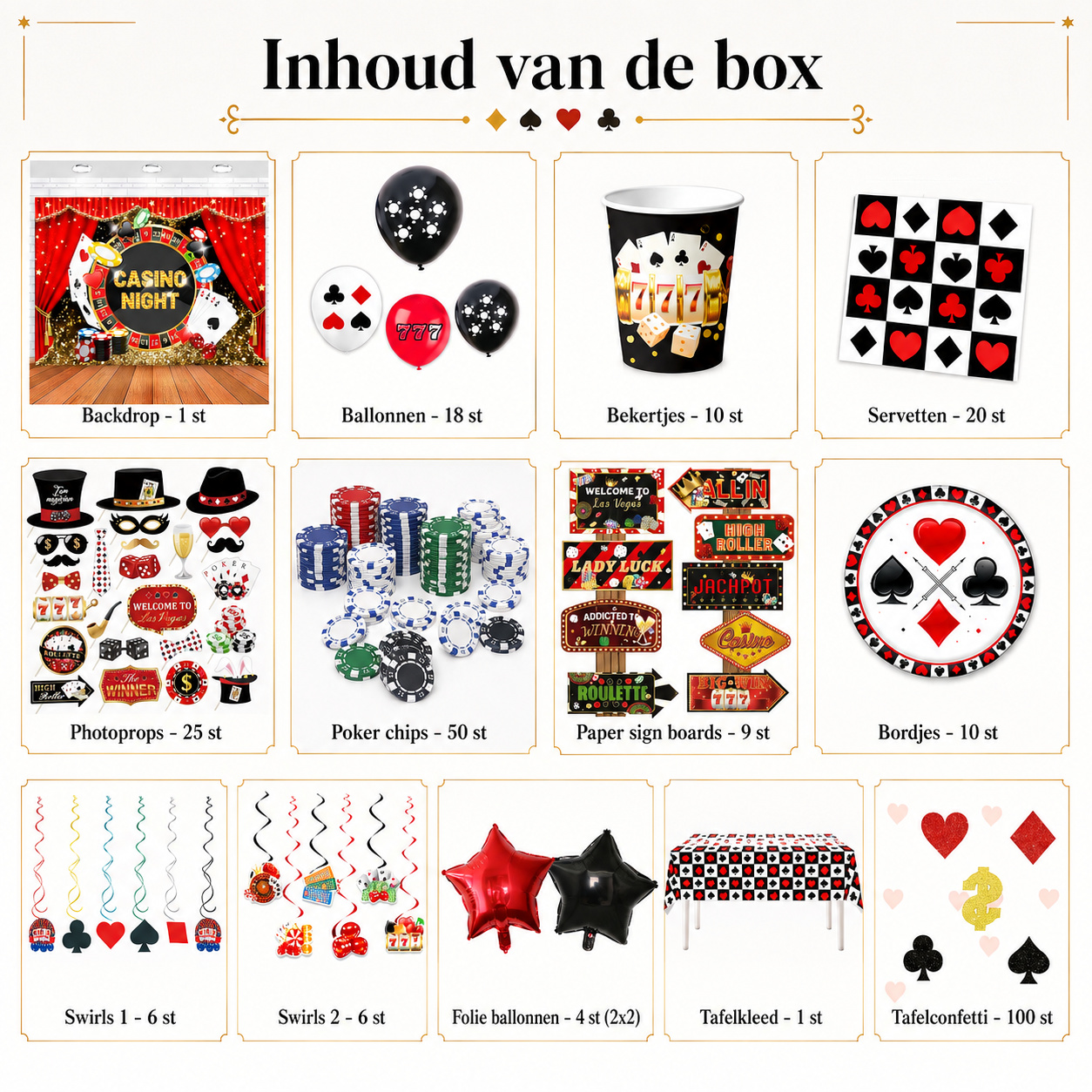Inhoud van de Casino Feestbox met casino versiering en feestartikelen