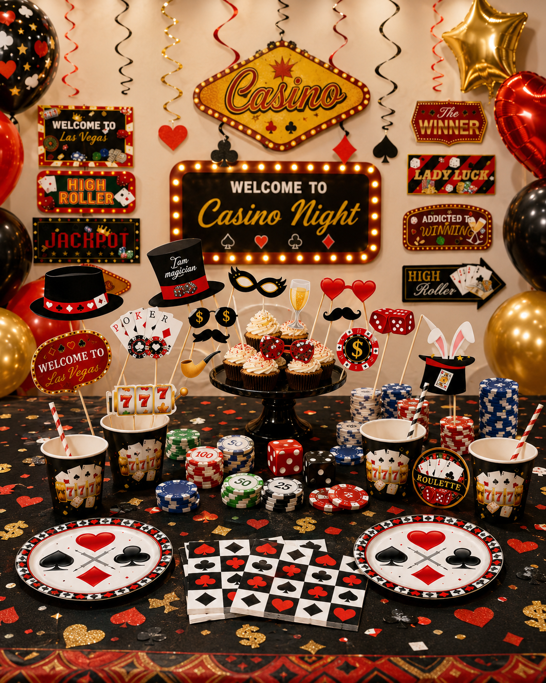Casino versiering met pokerchips, speelkaarten, feesttafel en Las Vegas decoratie