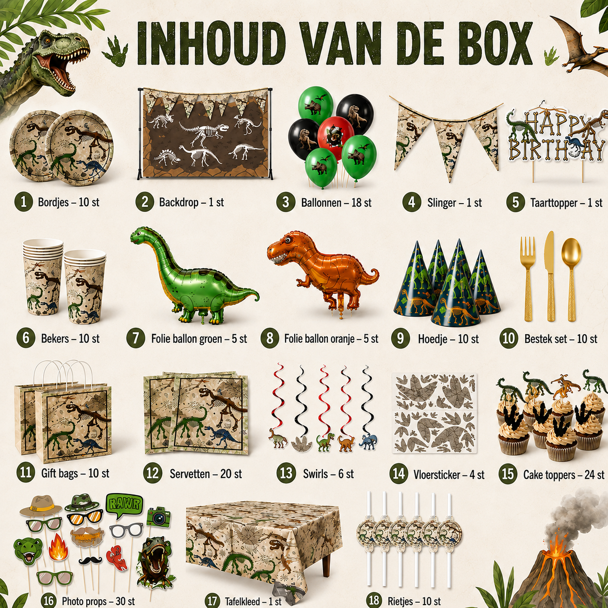 Inhoud van Dino Avontuur met dino versiering en feestartikelen