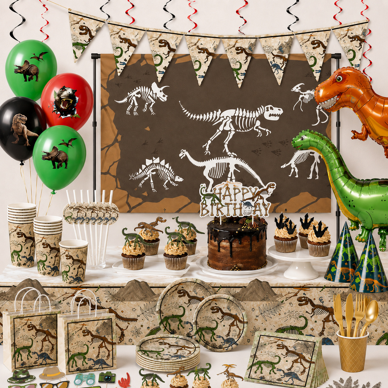 Dino kinderfeestje met dinosaurus versiering, ballonnen, feesttafel en backdrop