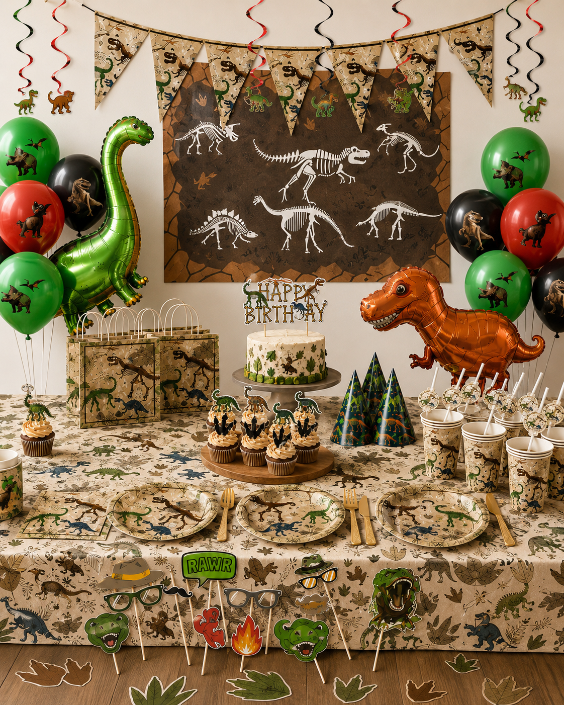 Dino versiering met ballonnen, feesttafel, backdrop en dinosaurus decoratie