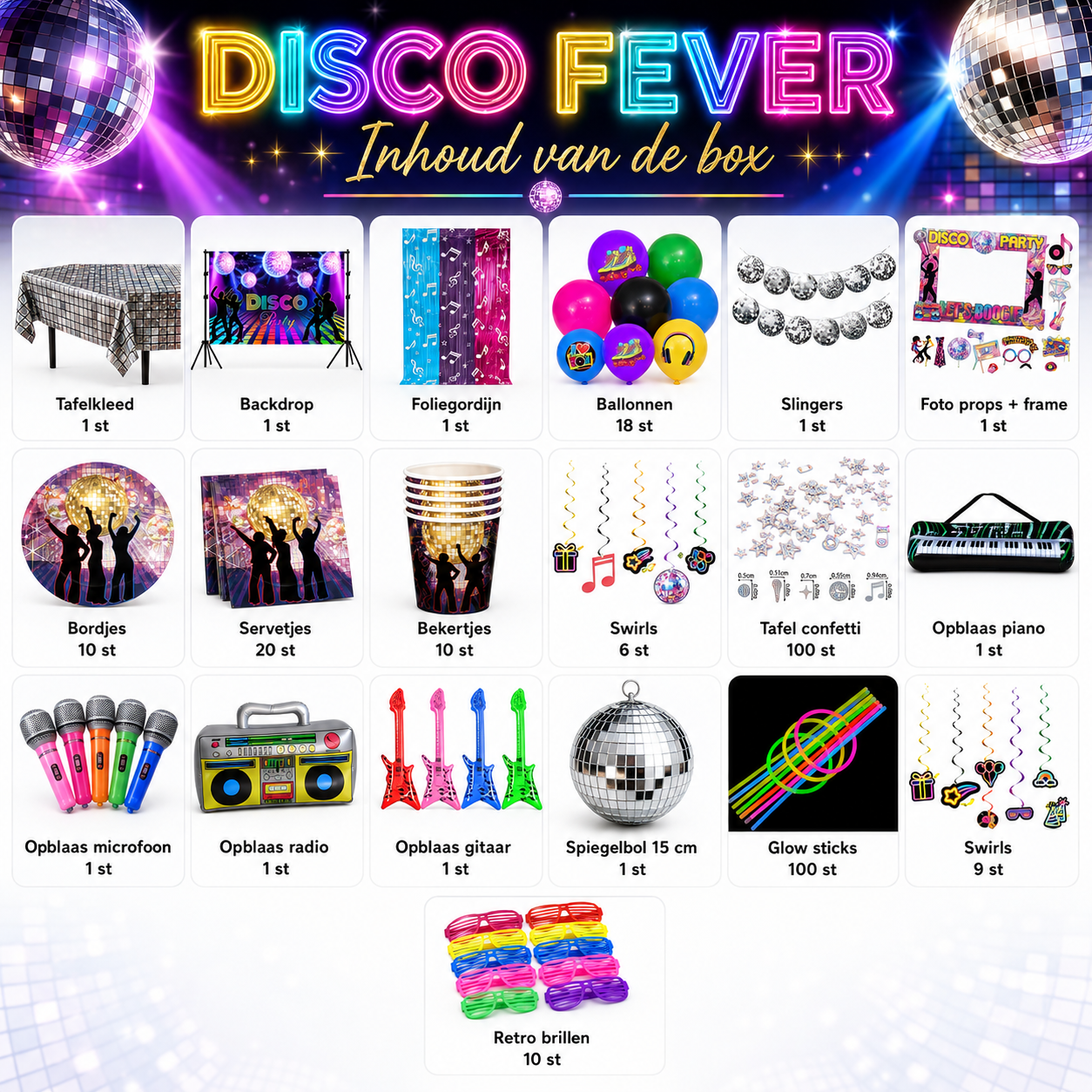 Inhoud van de Disco Feestbox met disco versiering en feestartikelen