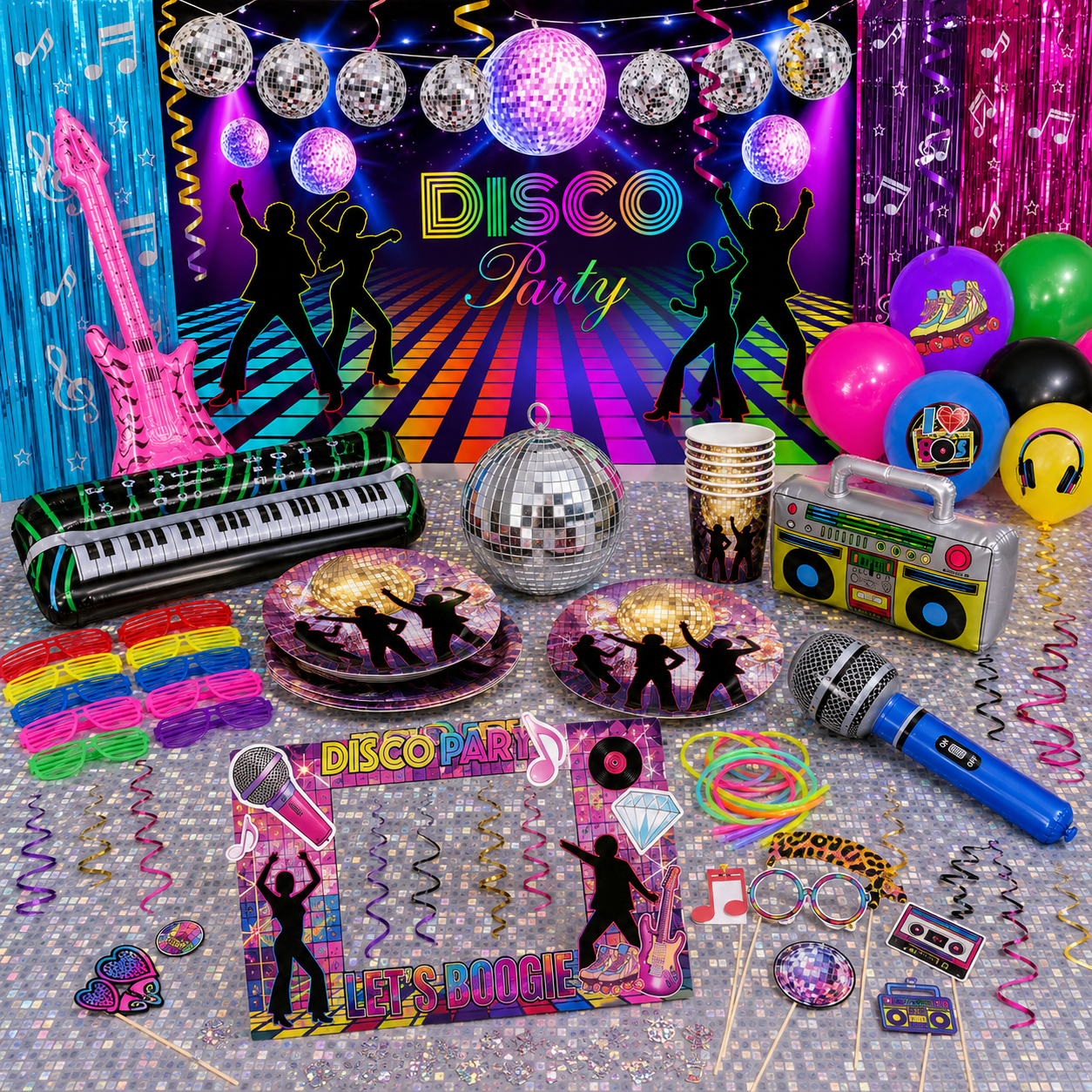Disco themafeest met discobal, retro versiering, feesttafel en jaren 70 decoratie