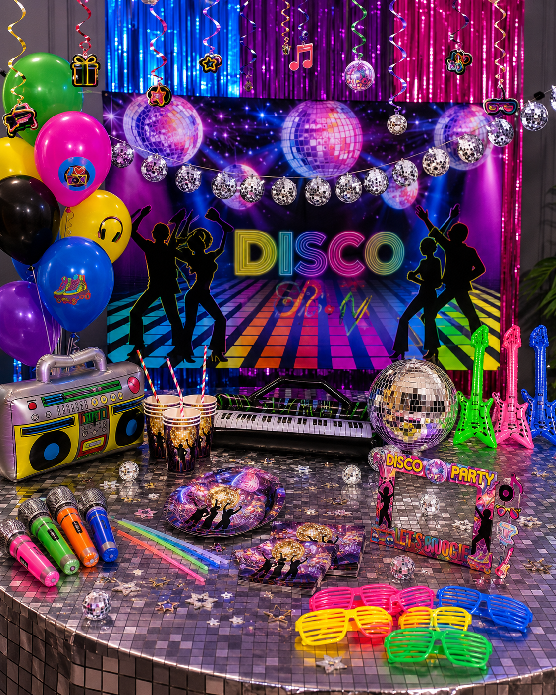 Disco versiering met spiegelbol, retro accessoires, feesttafel en metallic decoratie