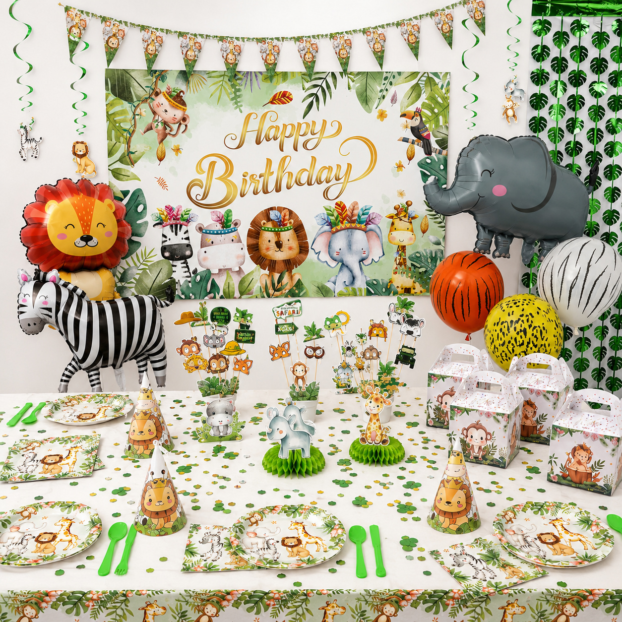 Jungle kinderfeestje met safari versiering, dierenballonnen, feesttafel en backdrop