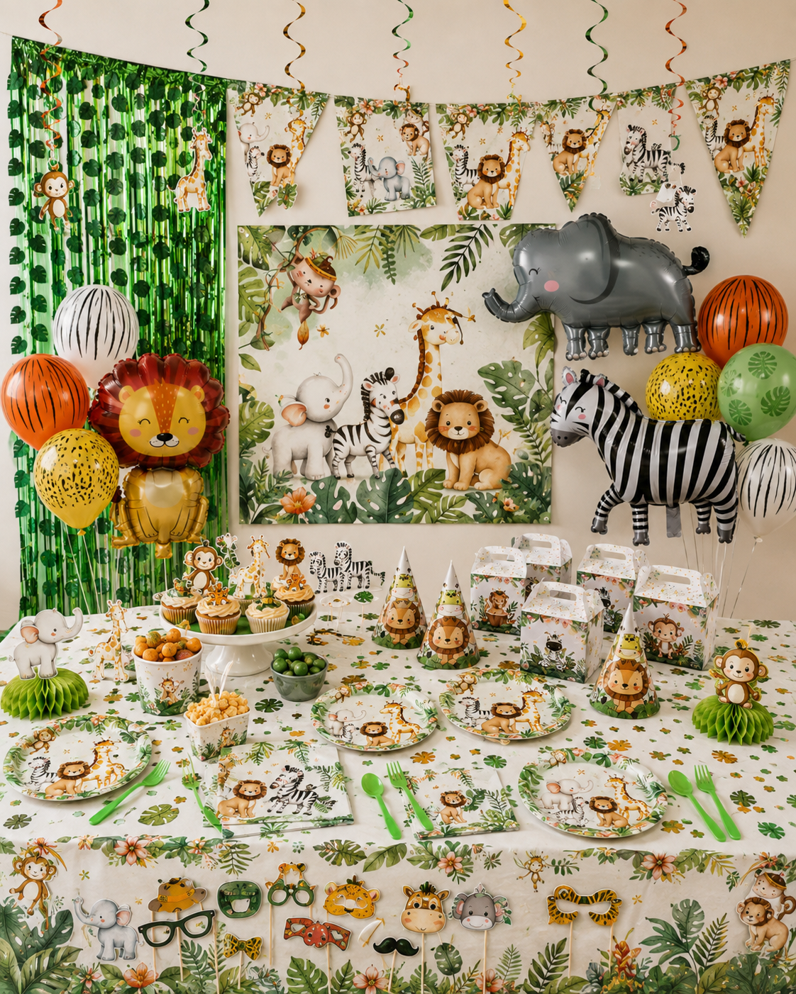 Jungle versiering met dierenballonnen, feesttafel, backdrop en safari decoratie