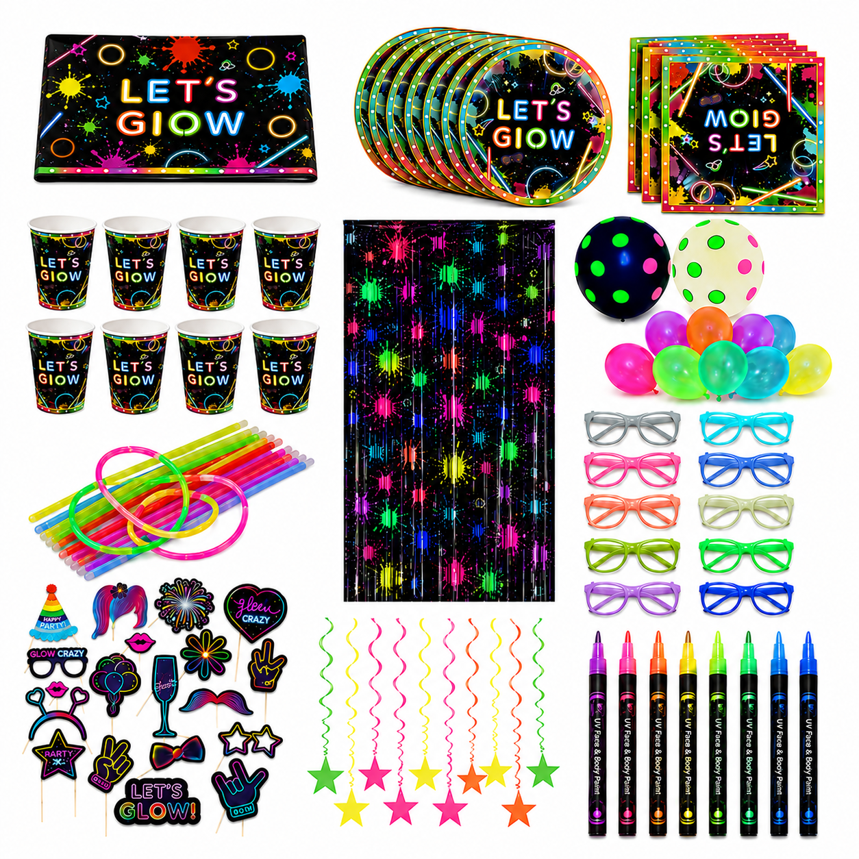 Inhoud van de Neon Feestbox met neon versiering, glowsticks en feestartikelen
