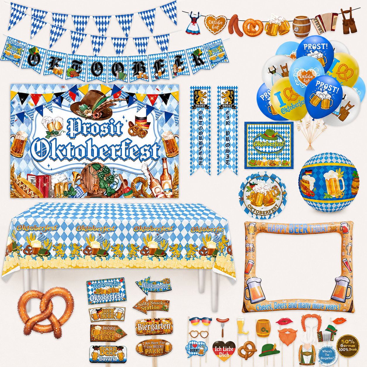 Inhoud van de Oktoberfest Feestbox met blauw witte versiering en Tiroler feestartikelen