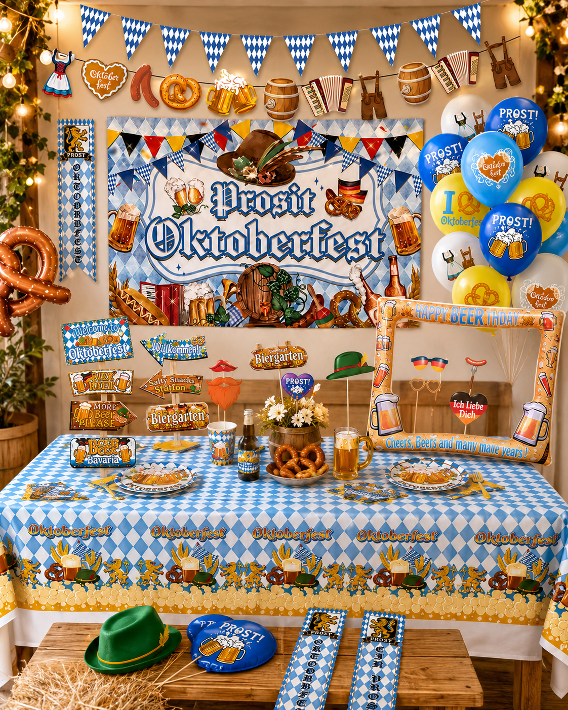 Oktoberfest versiering met blauw witte ruiten, bierpullen, feesttafel en Tiroler decoratie