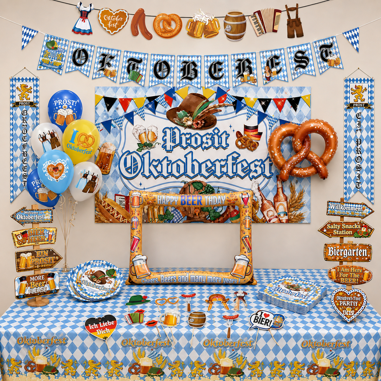 Oktoberfest met blauw witte versiering, bierpullen, feesttafel en Tiroler decoratie