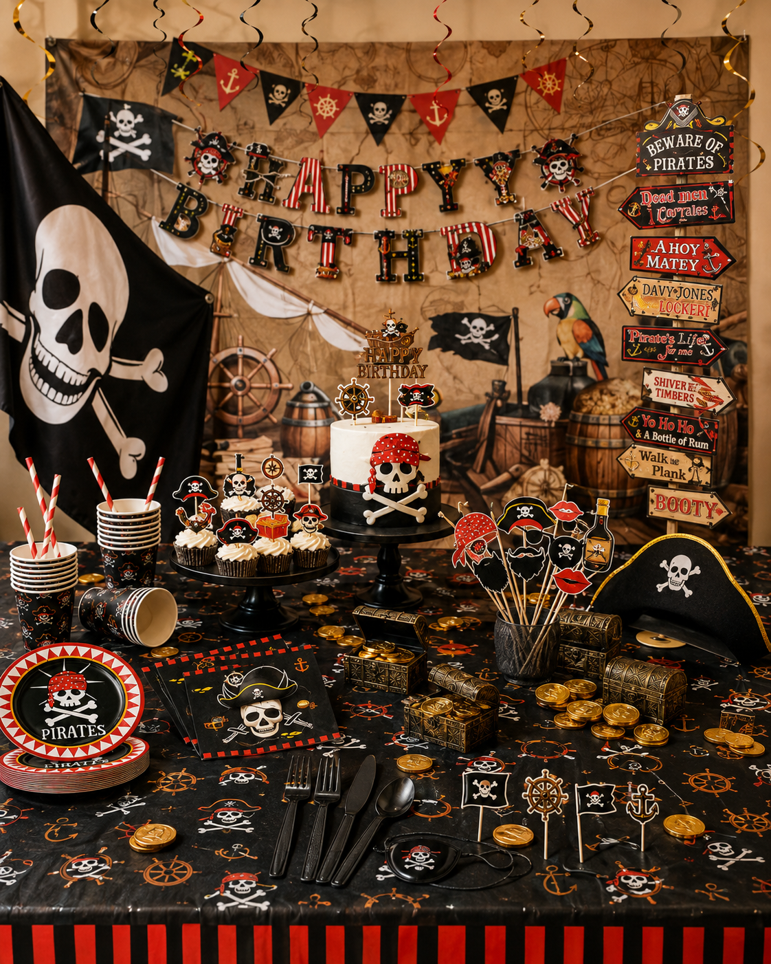 Piratenfeest versiering met feesttafel, piratenvlag, backdrop en gouden munten