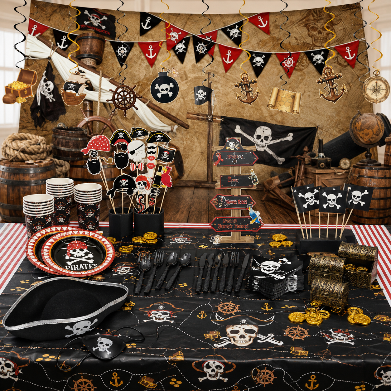 Piratenfeest met piraten versiering, ballonnen, feesttafel en backdrop