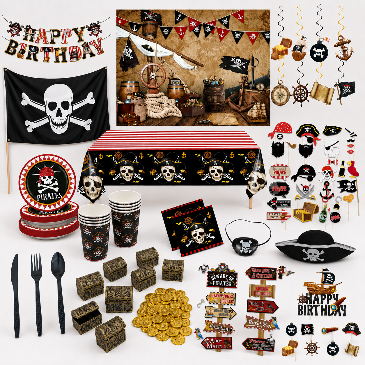 Inhoud van de Piratenfeestbox met piraten versiering en feestartikelen