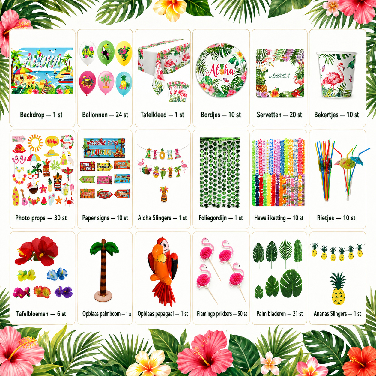 Inhoud van de Tropical Feestbox met tropische versiering en Hawaii feestartikelen