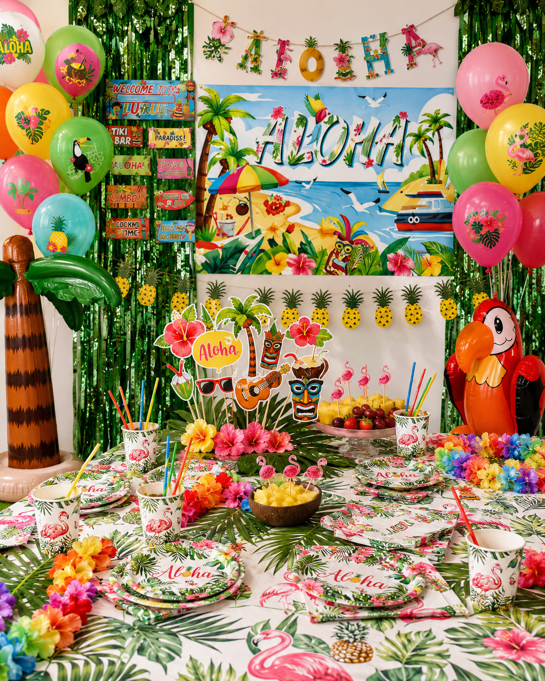 Tropische versiering met palmbladeren, flamingo, ananas, bloemen en Hawaii decoratie